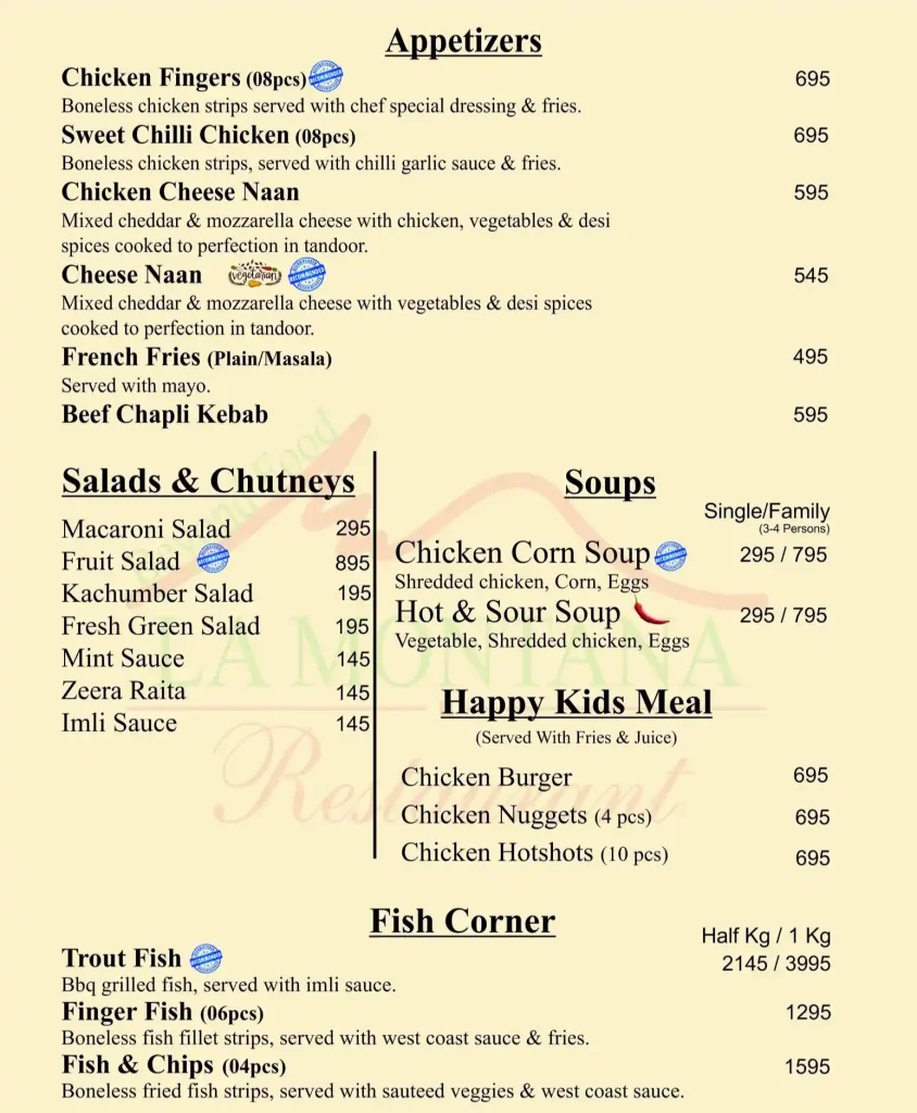 La Montana menu, appetizers, Fish corner, salads, soups