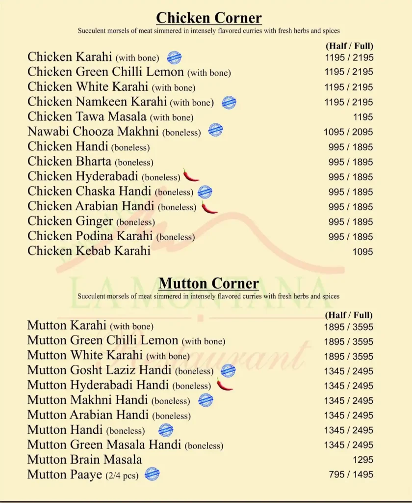 La Montana Menu, Chicken Corner, Mutton Corner