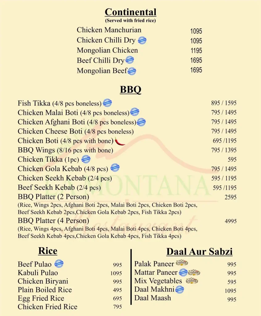 La Montana menu, Continental, BBQ, Daal Sabzi, Rice
