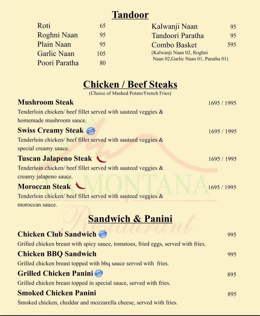 La Montana menu, Tandoor, Chicken and Beef Steaks sandwich & panini