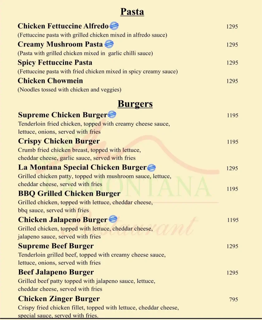La Montana menu, Pasta, Burger
