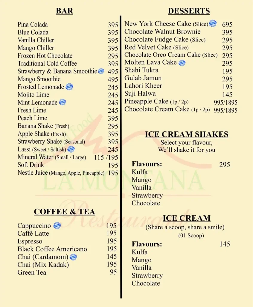 La Montana menu, Bar, Desserts, Ice cream shakes, coffe