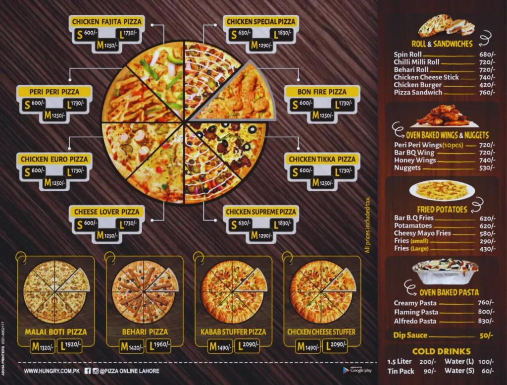 Pizza Online Menu prices, pasta, spin rolls,pizza. iqbal town, johar town