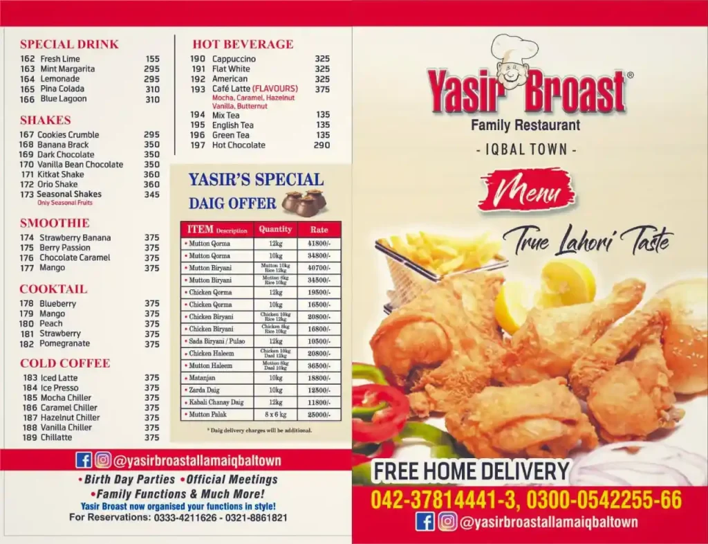 Yasir Broast iqbal Town menu, fast food