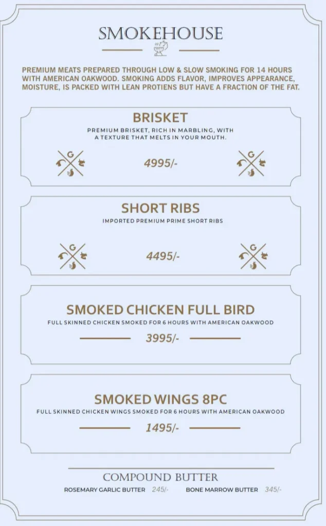 Gauchos Steakhouse Menu, Brisket, Short Ribs, Smoked Chicken Full Bird, Smoked Wings 8pcs