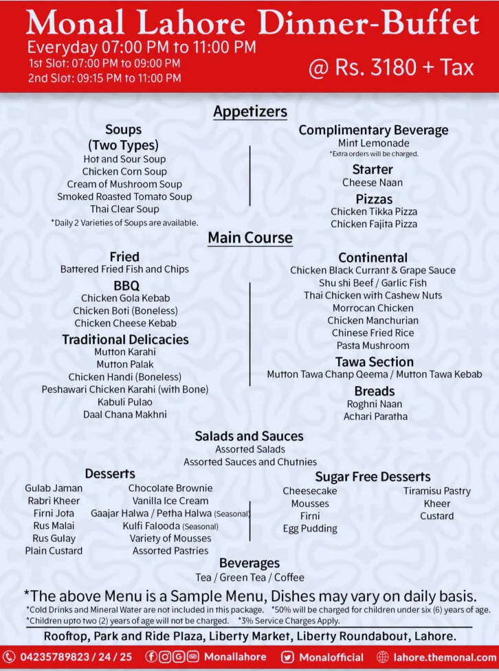 Monal Lahore dinner buffet menu, Appetizers, BBQ, 
