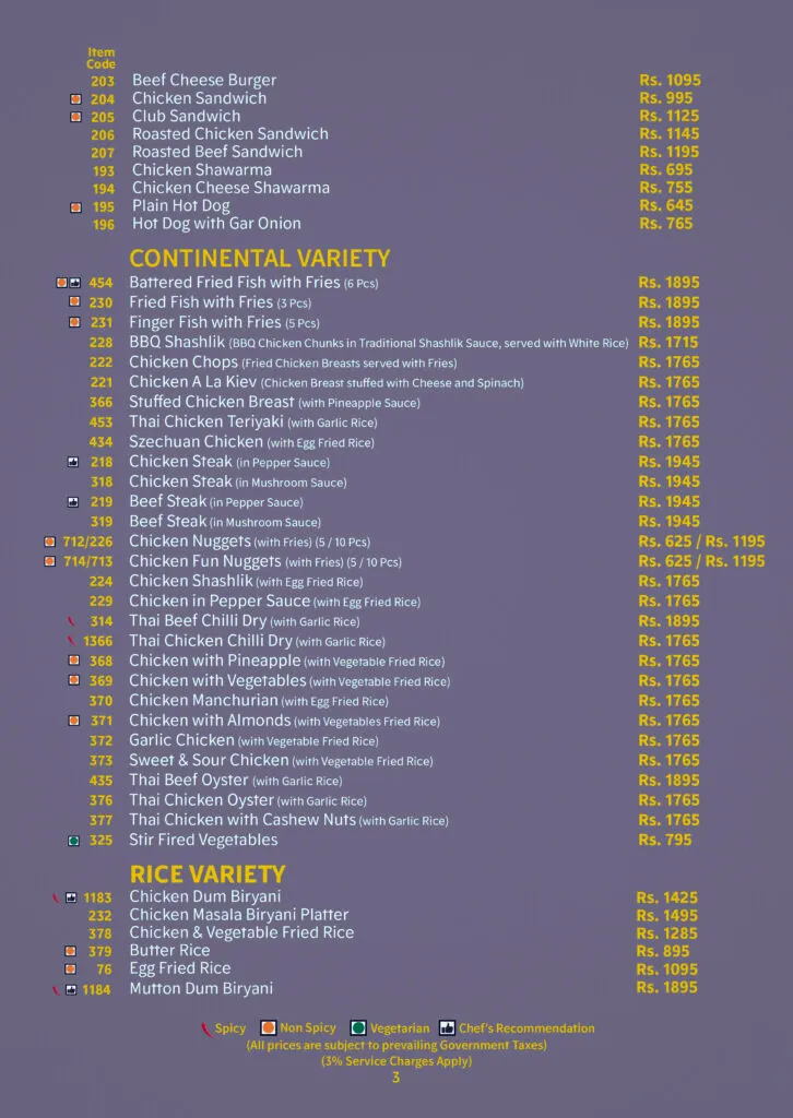 Monal Menu Lahore, Continental Variety, Rice Variety
