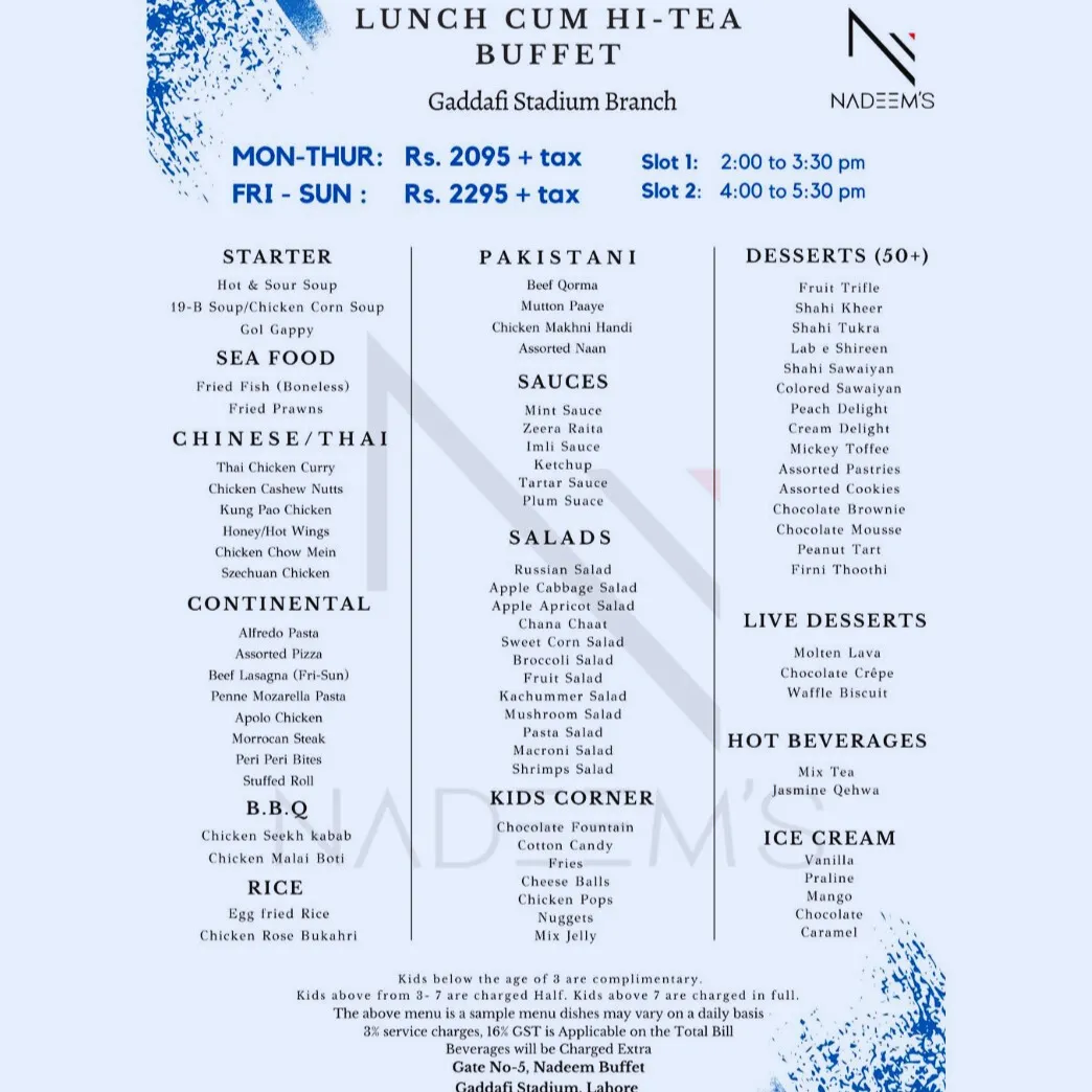 Lunch Cum Hi Tea Nadeem Buffet Menu Price 11zon